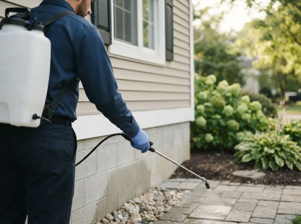 Pest control technician inspecting a home in Hostetter, PA